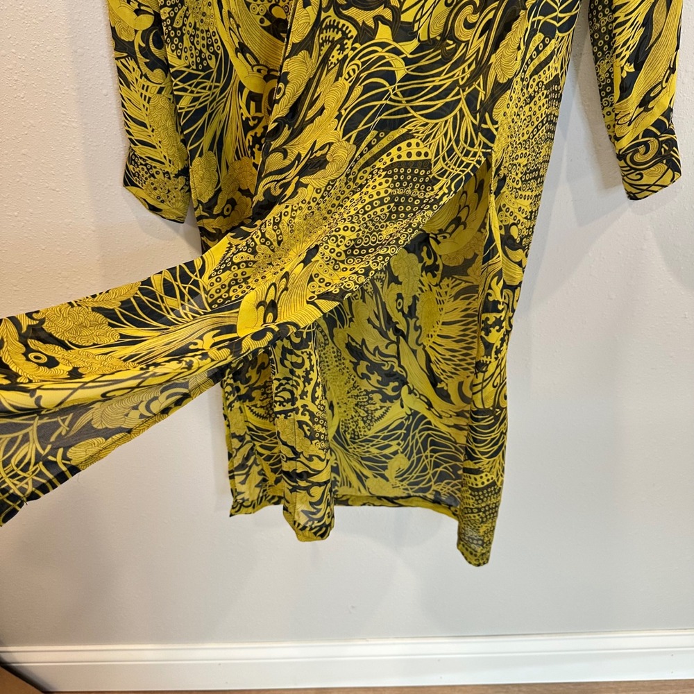 H&M Shirt Dress Women 4 Yellow Black Dragon Graphic Print Boho Sheer Lightweight - Picture 11 of 12